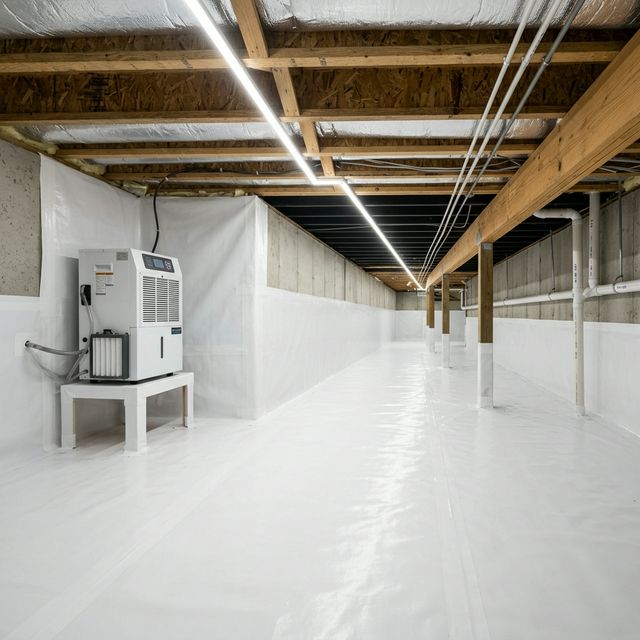 Clean, white 20-mil encapsulated crawlspace with dehumidifier
