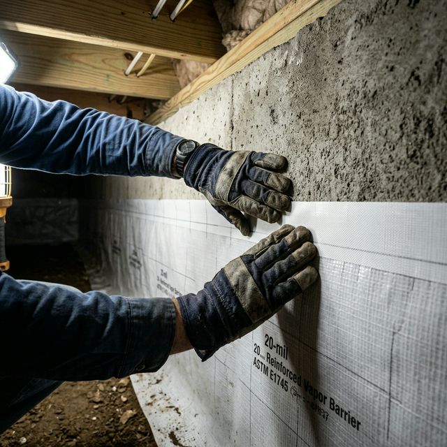 Professional 20-mil vapor barrier installation with industrial sealing tape
