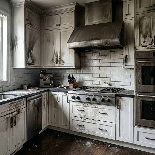 Extreme soot and smoke damage in a kitchen