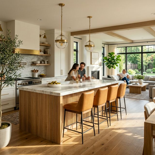 Warm Modern Kitchen Remodel with Fluted Oak Island and Slab Countertops