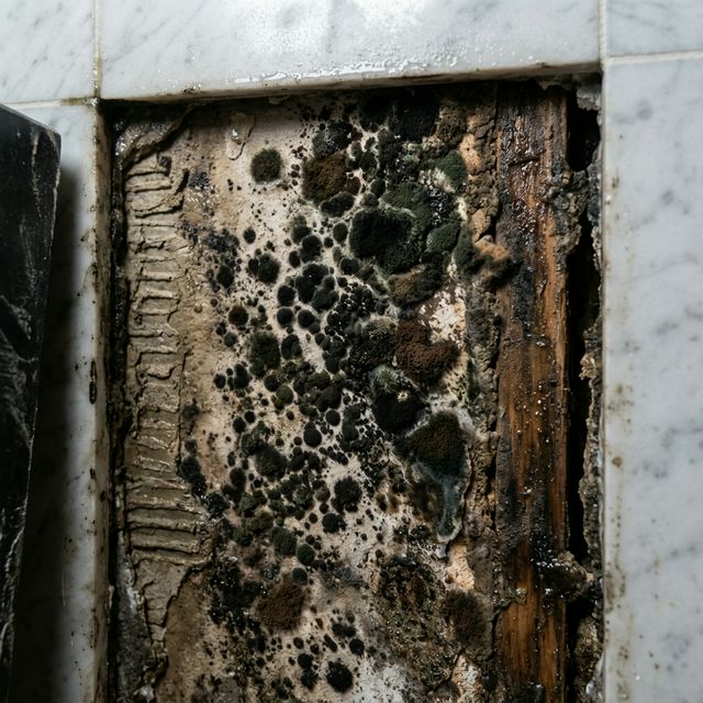 Mold causing structural decay behind a bathroom tile