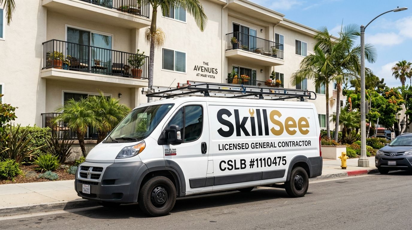SkillSee commercial Dodge Promaster 1500 contractor service van parked in front of typical Los Angeles apartment building