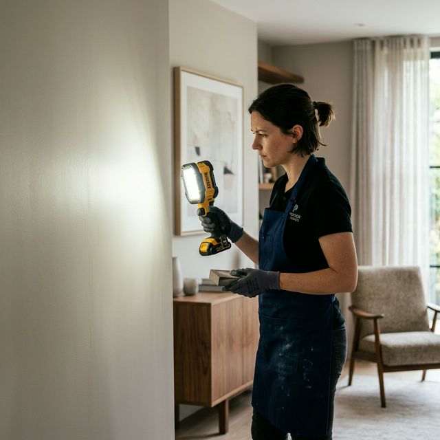 Professional Painter Checking Wall Finish with Spotlight